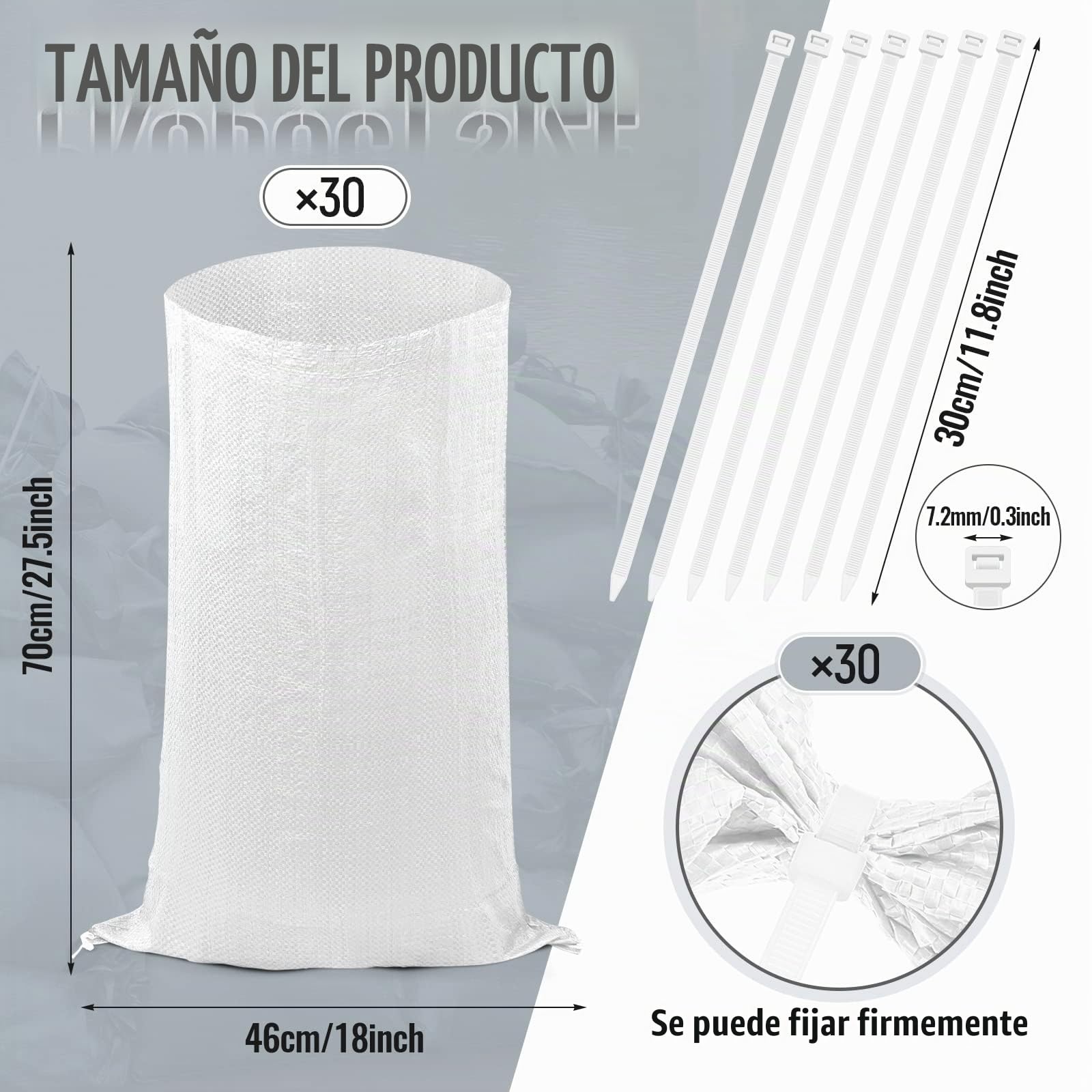 30 Sacos para Arena 46 x 70 cm Saco para Escombro Grava Tejida Saco de Transporte de Alta Resistencia y 30 Bridas para Basura Jardín Almacenamiento Protección contra Inundaciones (Blanco)