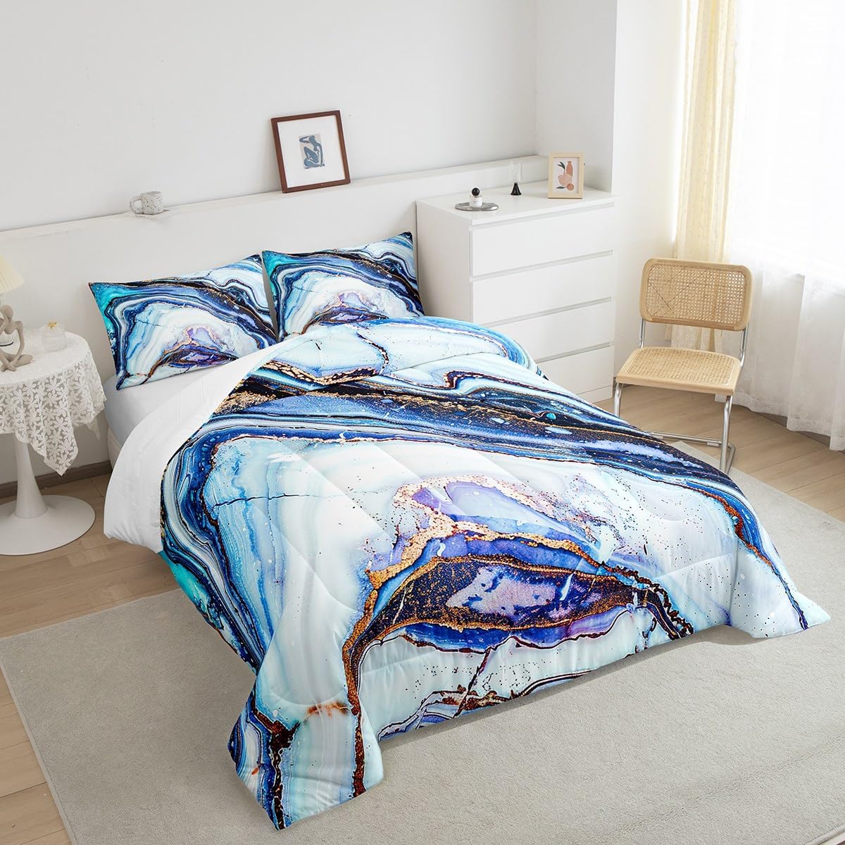 Colorful Marble Bedding Set for Girls Boys Kids Women Purple Blue Pink Marble Swirl Comforter Psychedelic Trippy Comforter Set Modern Room Decor Natural Luxury Abstract Art Quilt Set Full Size 3Pcs image 4