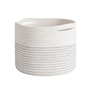 Large Woven Baskets, Cotton Rope Basket for Storage, Tall Blanket Basket for Living Room, Nursery Laundry Basket, Big Basket for Toys, Basket with Handle (White Zigzag, Large)