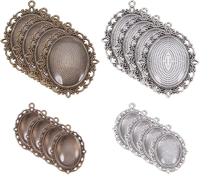 PandaHall Elite DIY Pendant Sets, with Alloy Pendant Cabochon Settings and Glass Cabochons, Oval Shape, Mixed Color