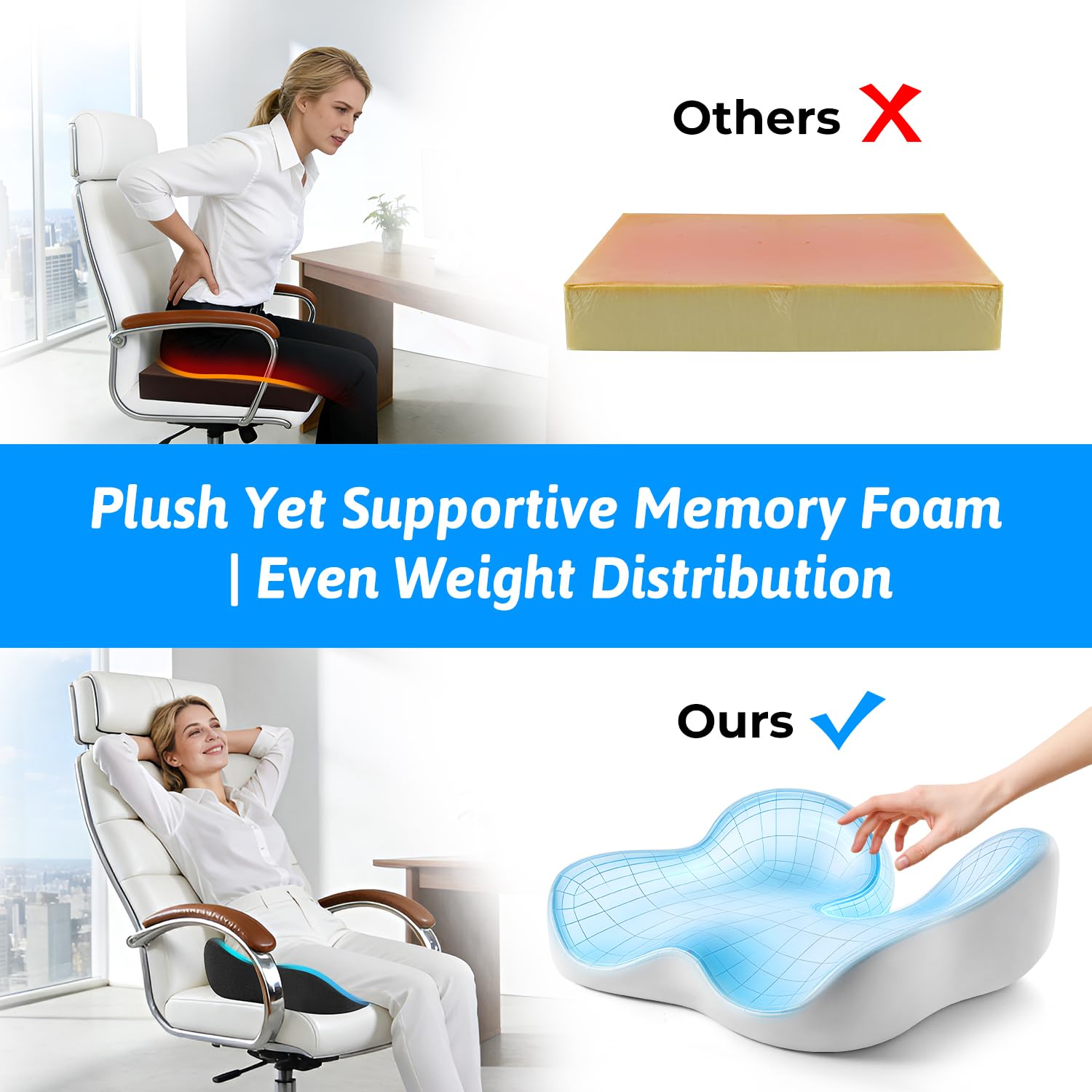 Seat Cushion for Tailbone Sciatica Pain Relief - Plush Yet Supportive Ergonomic Memory Foam Chair Cushions for Office — view 5