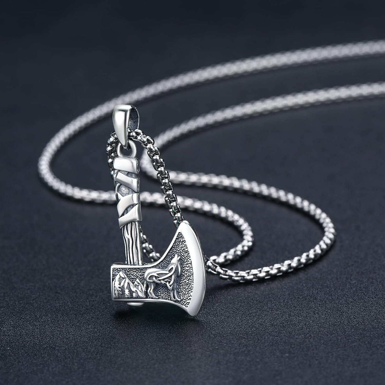 MEDWISE Viking Axe Pendant Necklace Celtic Wolf S925 Sterling Silver Celtic Norse Talisman Viking Rune Viking Jewelry Axe Warrior Hatchet Axe Amulet Necklace for Men Women - Image 2
