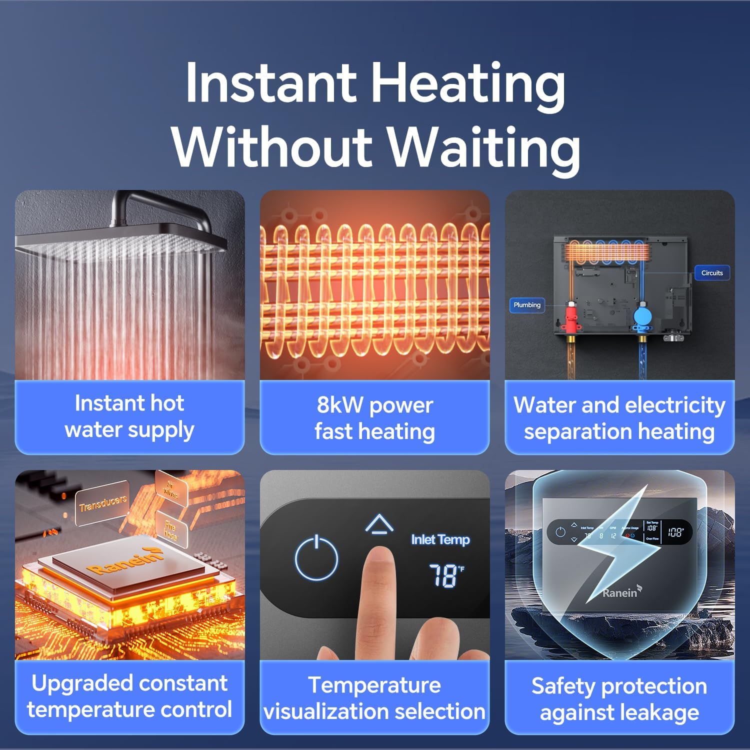 GEN II Ranein 8kW 240V Electric Tankless Water Heater, on Demand Instant Endless Water Heater with LED Temperature Control Panel, Up to 1.9 GPM for 1-2 Point of Use