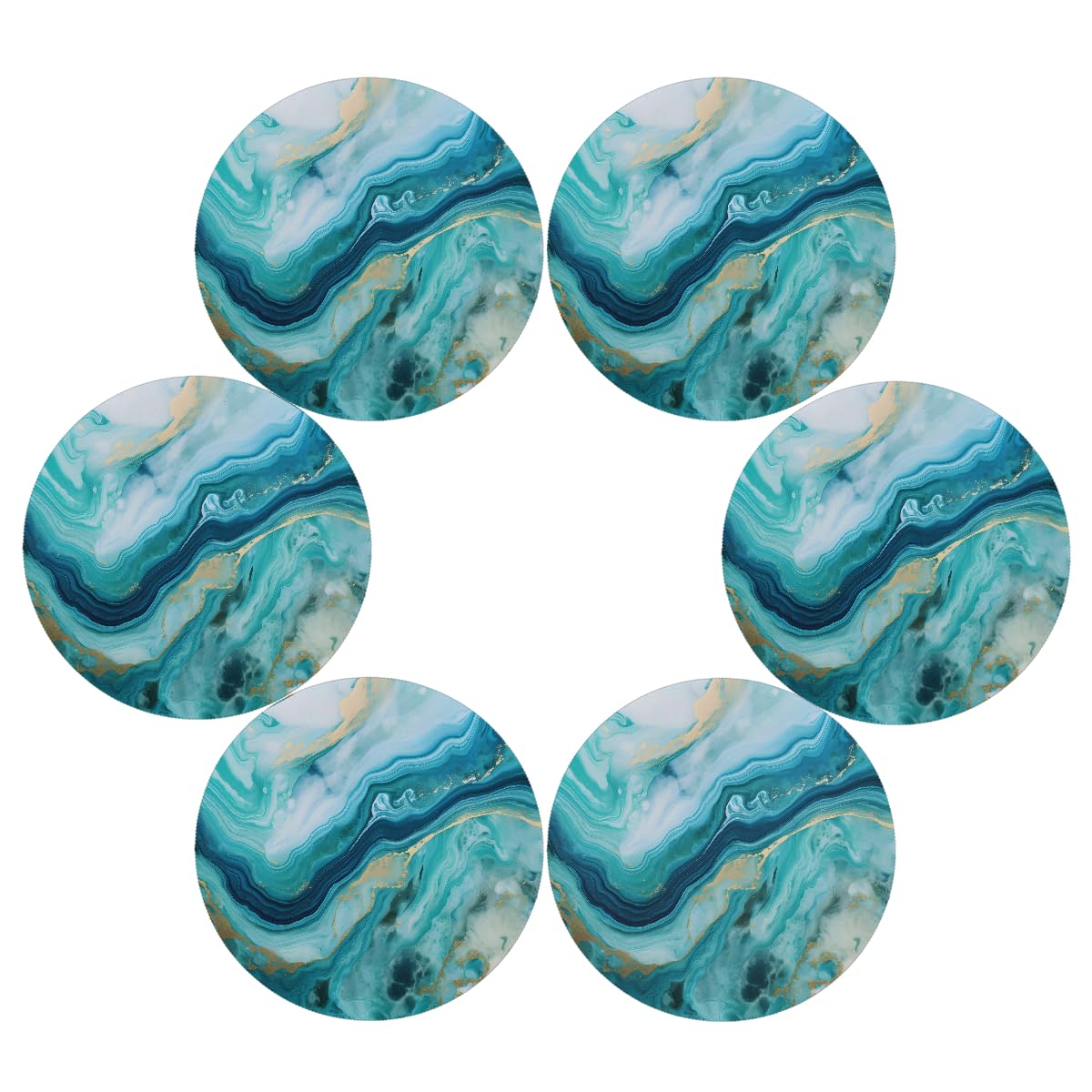 Mexpekil Teal Turquoise Liquid Marble Print Round Placemats Set of 6 Heat Resistant Waterproof Table Place Mat for Kitchen Dining