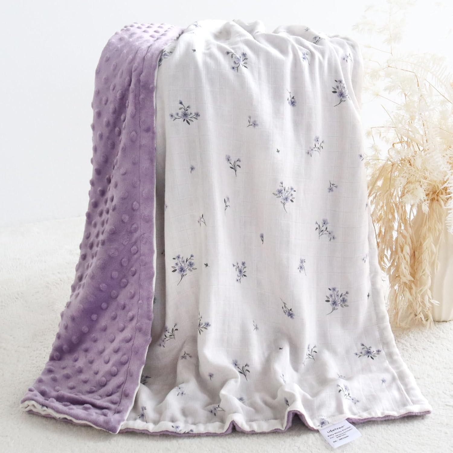 LifeTree Baby Blankets for Boys Girls, Soft Double Layer Swaddle Blankets, Muslin Front and Dotted Fleece Backing Receiving Bed Throw Blanket for Newborn Unisex, 31X40 Inches, Purple Flower