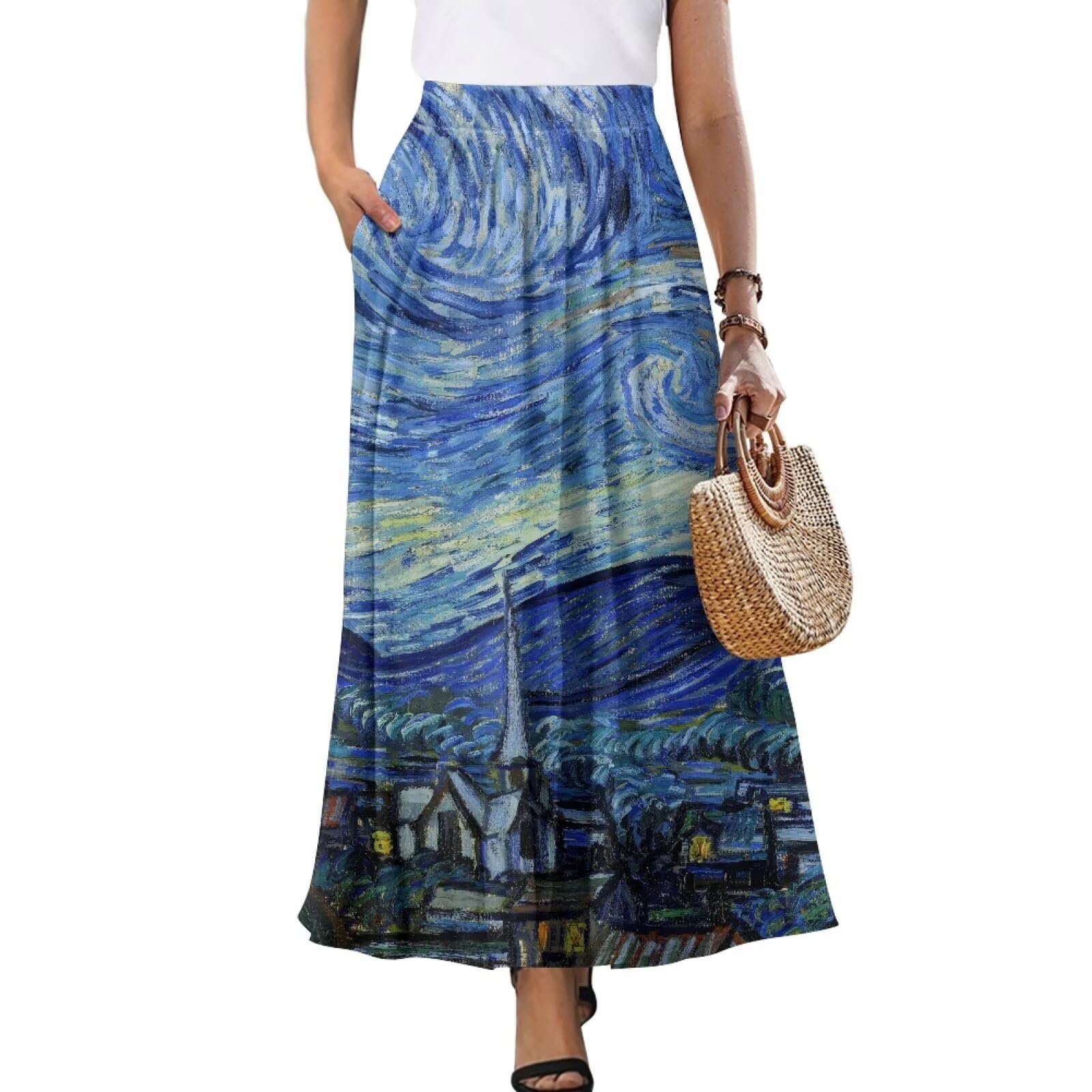 Women Skirts Summer 2025 Flowy Long Dress Casual A Line Floral Maxi Skirt with Pockets for Daily Work