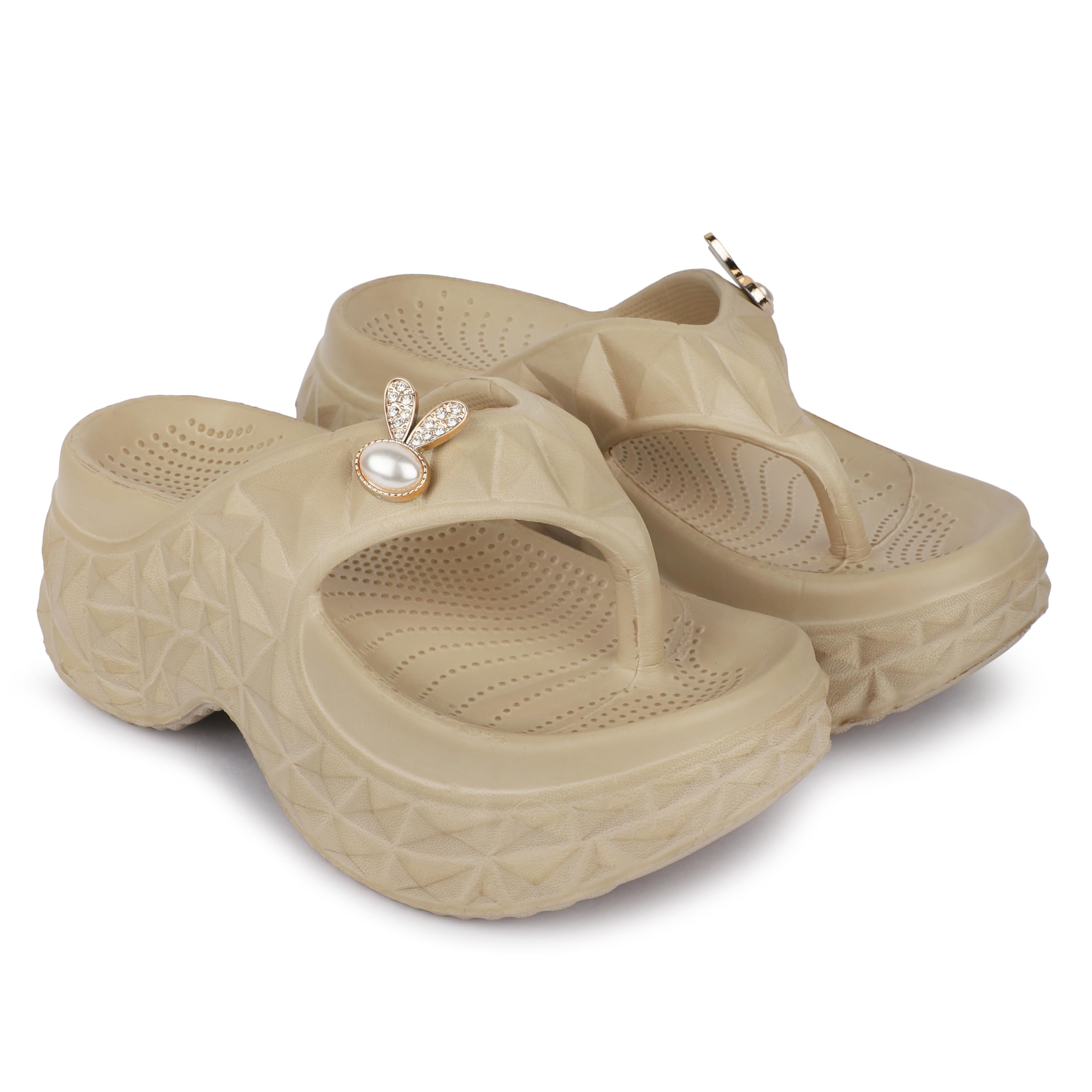Women's Platform Slides with Crystal Pearl Charm, Pink Textured Sandals, Chunky Comfort Footwear-image-8