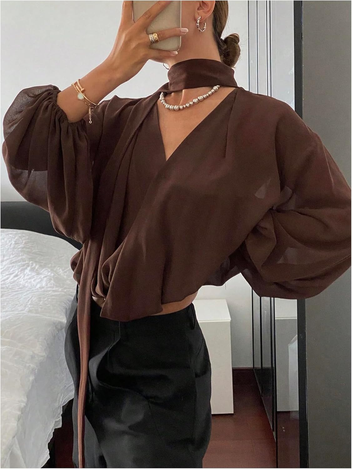 GORGLITTER Women's Chiffon Wrap Blouse Shirt Fall Business Casual Bishop Long Sleeve V Neck Tie Neck Work Office Top - Image 3