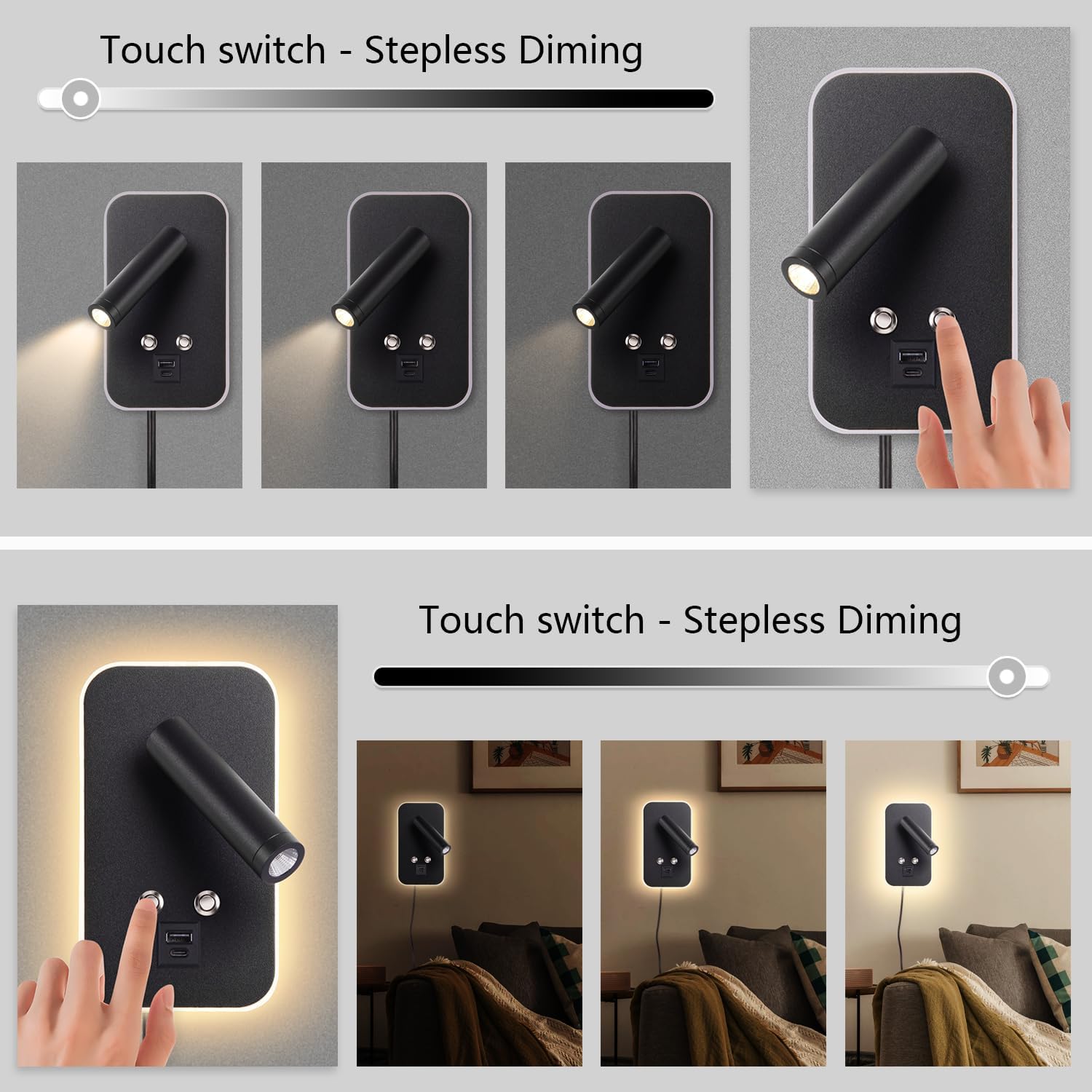 Wall-Mounted LED Bedside Reading Light Plug-in, with USB Charging Port, Stepless Touch Dimming, 3000K Warm Ambient Lighting Wall Lamp Sconce for Bedroom, Eye-Caring Bedroom Lighting (Black)