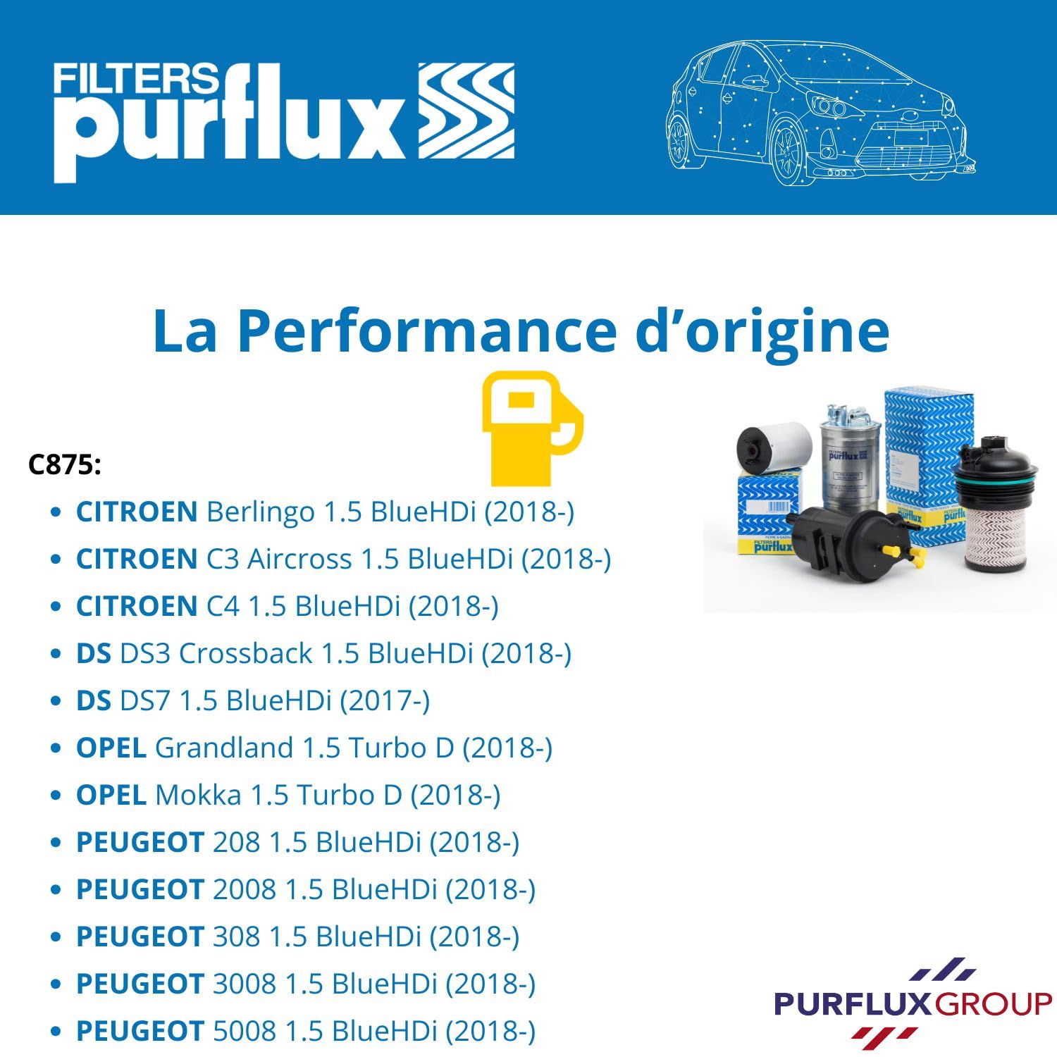 PURFLUX Filtre à carburant Cartouche filtrante Compatible avec PEUGEOT 208 I 3/5 portes CA, CC C875