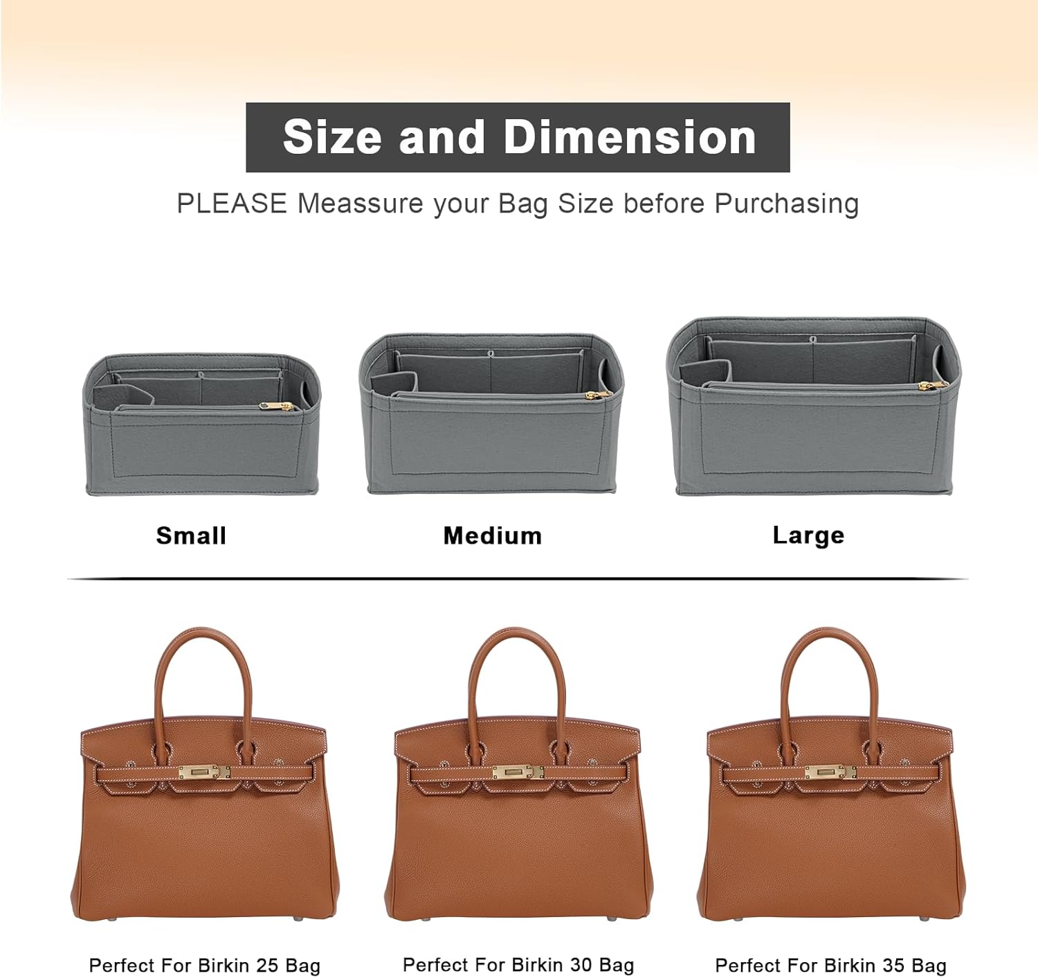 Felt Purse Organizer insert for birkin 30 bag organizer Handbag Insert (LightGrey, BK30) - Image 4