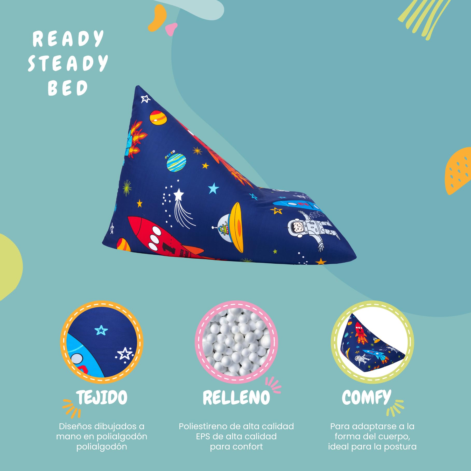 Ready Steady Bed Puff Pirámide para Interior, Silla Puff para niños, Bean Bag de Sala de Estar, Bolsa de Frijoles, Sofa Puff Salon Moderno, Puff con Relleno Incluido (Niño del Espacio)