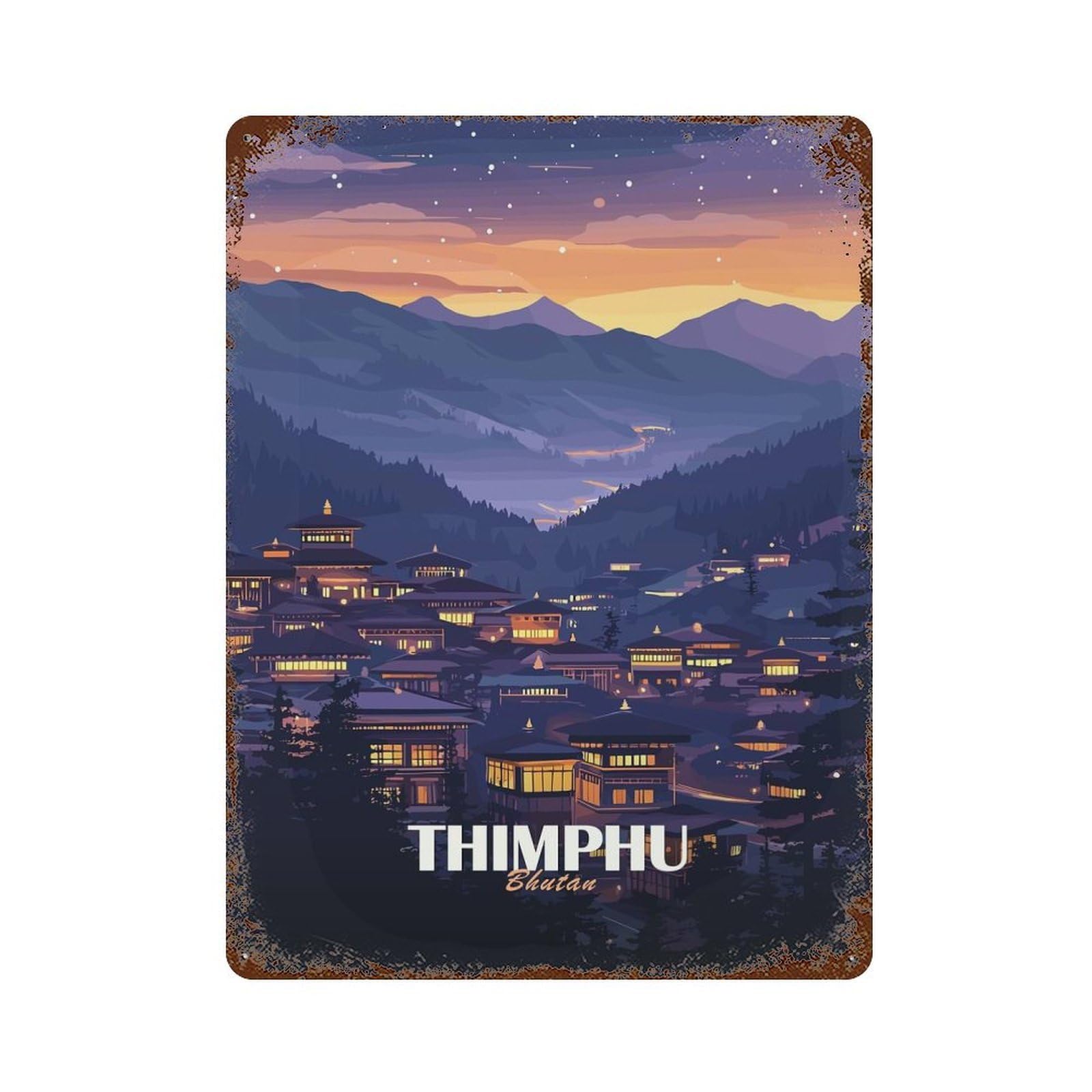 Thimphu, Bhutan at Night Rustic Tin Plaque 15.7"x11.8", for Shed, Workshop And Garage Wall Decor, Rustic Home Decor