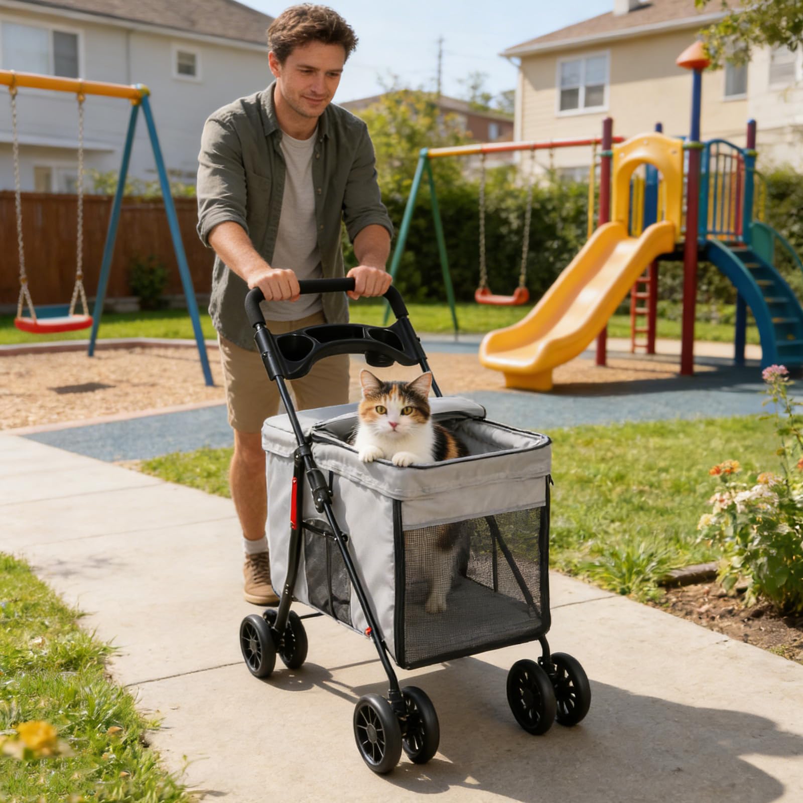 OHMG Passeggino cane gatto passeggino pieghevole cuscino incluso ruote con freno tessuto 600D Oxford acciaio per animali meno di 20 kg, 95 x 75 x 49 cm