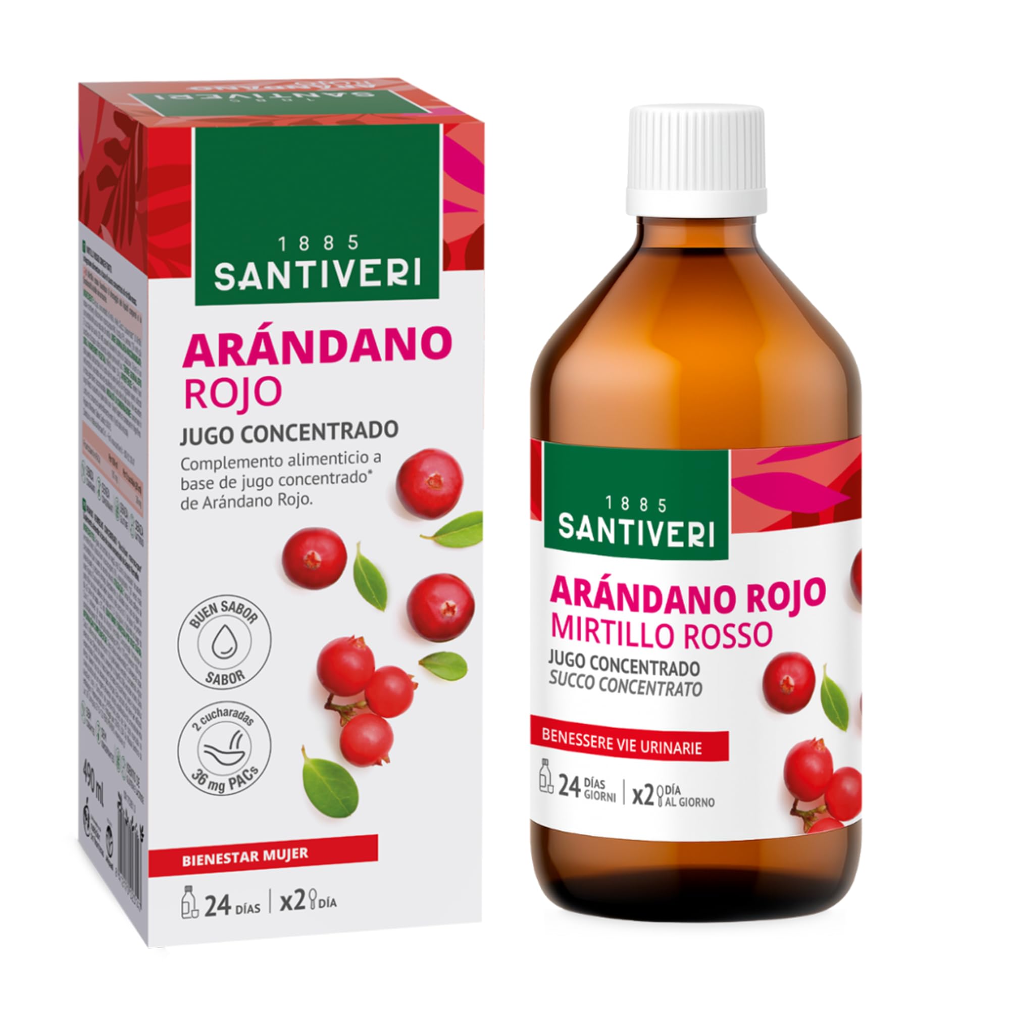 SANTIVERI - Concentrado de Arándano Rojo con Alto Contenido en Proantocianidinas 180mg/​100ml, Sin Azúcar - Frasco de 490 ml