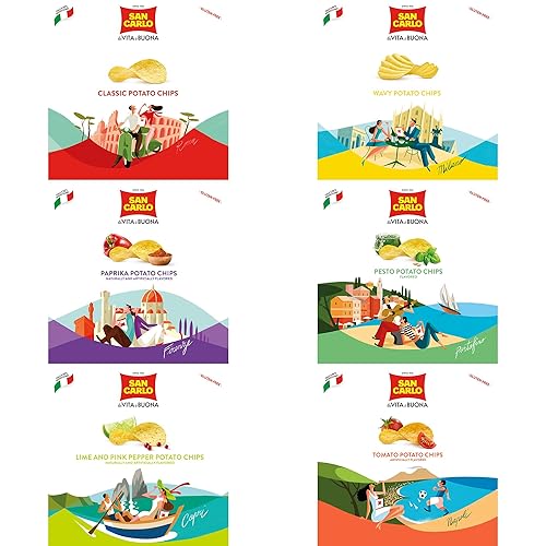 Miniatura 5 de San Carlo Paquete Variado 8X 50g Multi Sabores n1 Papas Fritas Italianas  Clásicas, Onduladas, Páprika, Pesto, Lima y Pimienta Rosa, Tomate
