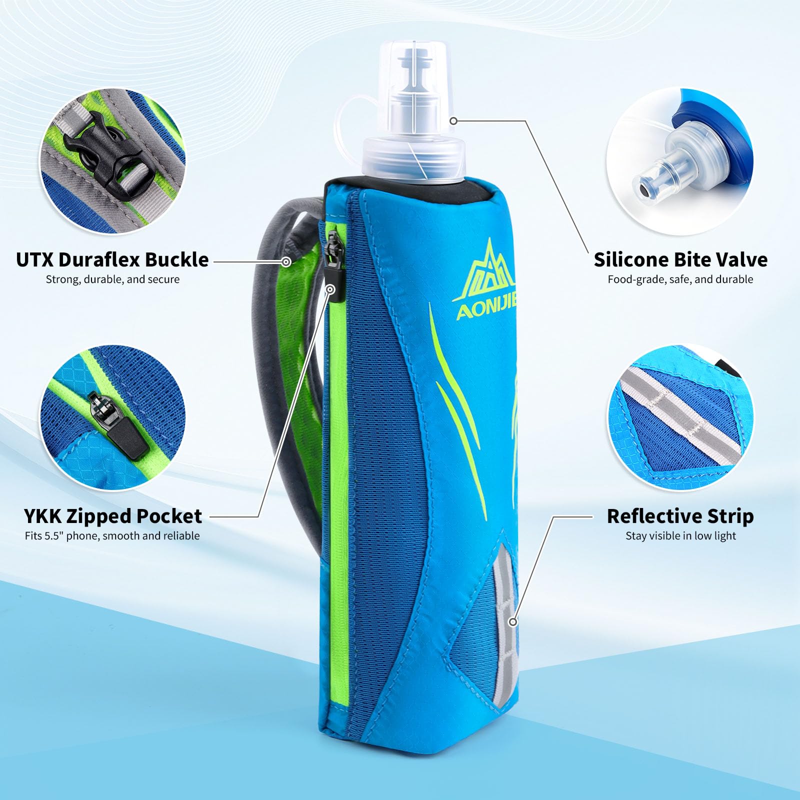 Geila Bouteille à Eau Handheld pour la Course, Bouteille à Main Grip de 17 oz avec Sac d'hydratation à Sangle, Ballon Souple BPA Sport