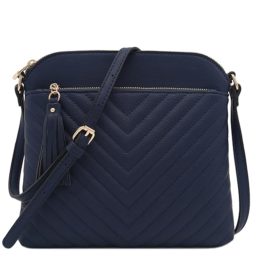 FashionPuzzle Chevron Quilted Medium Crossbody Bag with Tassel Accent (Navy)