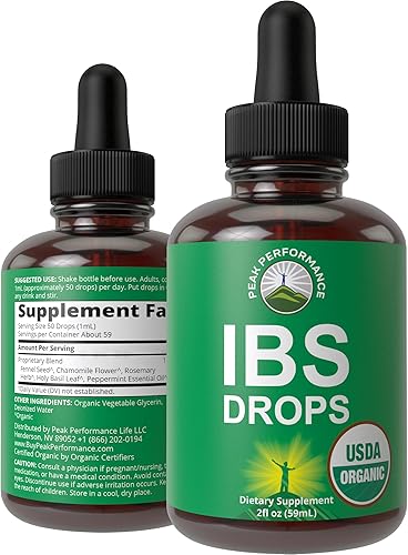 USDA Organic IBS Relief 5 en 1 gotas líquidas. Para ingestión, hinchazón, gas. Suplemento intestinal irritable con 5 ingredientes orgánicos. Aceite