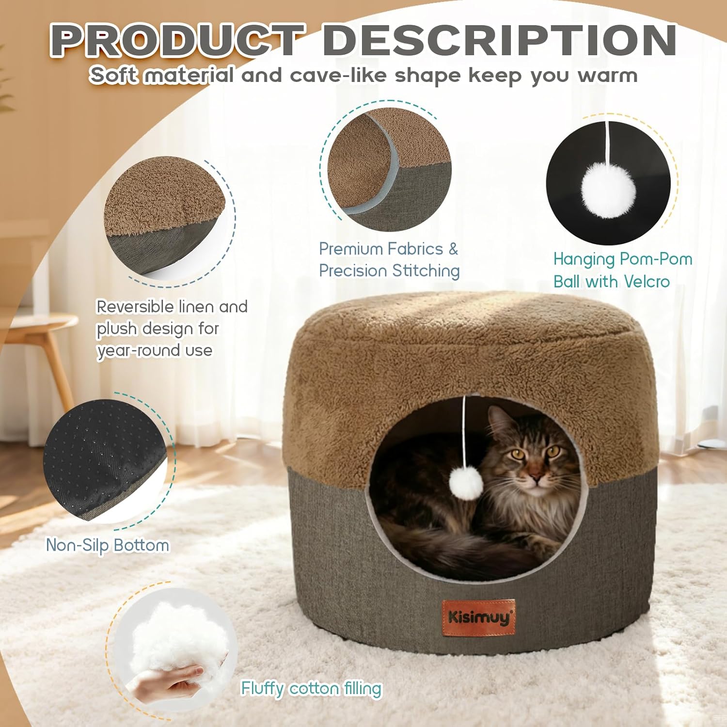 Cat Bed Cave for Indoor Cats, 2-in-1 Foldable Cat Cave & Lounge Bed with Reversible Cushion, Calming Anti-Anxiety Enclosed House for Small Dogs & Puppies, Donut Cozy Hideaway, 17.5 Inches (Brown)