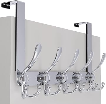 SKOLOO Over The Door Hook - for Doors up to 1-3/4'' Thickness, Metal Door Hanger with 5 Triple Hooks, Over The Door Hanger for Coats, Hats,Towels, Silver, Assembly Required