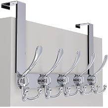 SKOLOO Over The Door Hook - for Doors up to 1-3/4 Thickness, Metal Door Hanger with 5 Triple Hooks, Over The Door Hanger for Coats, Hats,Towels, Silver, Assembly Required