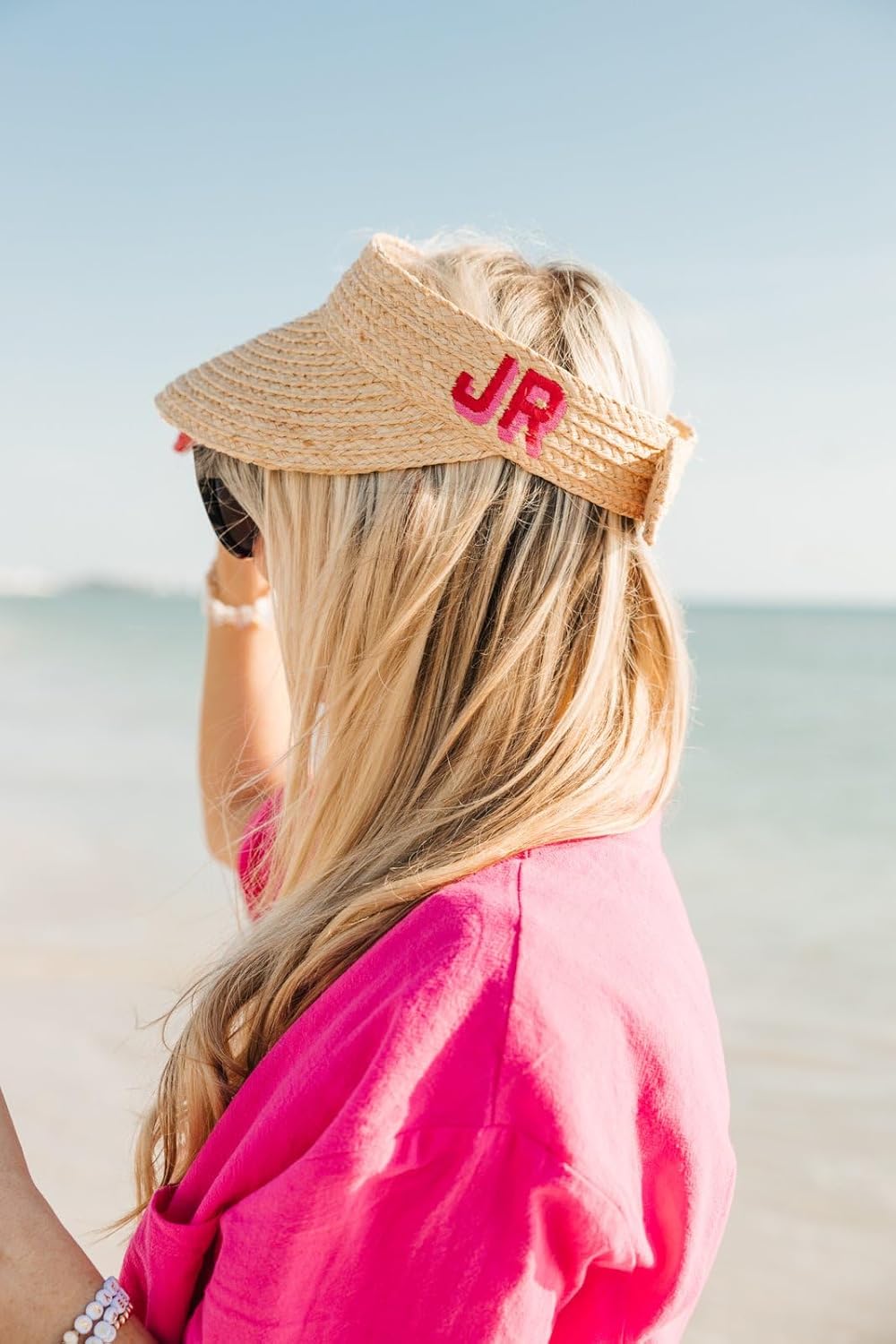 Personalized Straw Visor – Embroidered Monogram Sun Hat for Women, Adjustable Wide Brim Summer Hat, Custom Gift, Beach, Pool, Bachelorette Beige