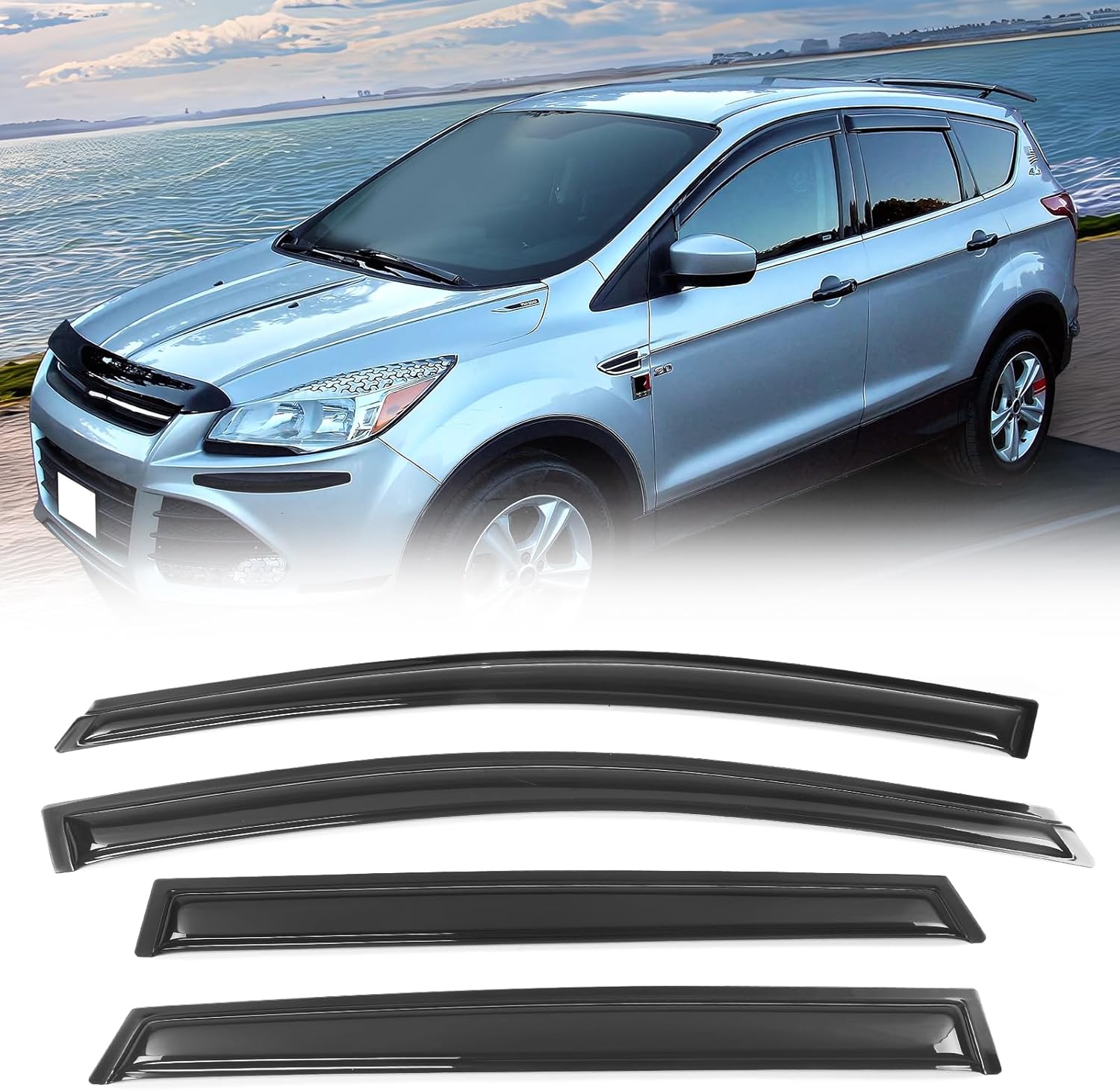 FREEMOTOR802 Tape-on Window Deflectors Fits 2013-2019 Ford Escape, Rain Guards Side Window Visors Wind Deflectors Vent Visors Slim Style Smoke Tinted Acrylic 4 Pieces