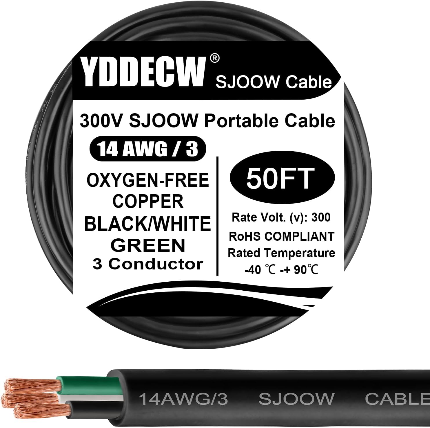50ft 14/3 14 AWG Portable Power Cable (3 Conductor) - SJOOW 300V 14 Gauge Electric Wire for Motor Leads, Portable Lights, Battery Chargers and Machinery - 3 Conductor - 50 Feet Electrical Cord