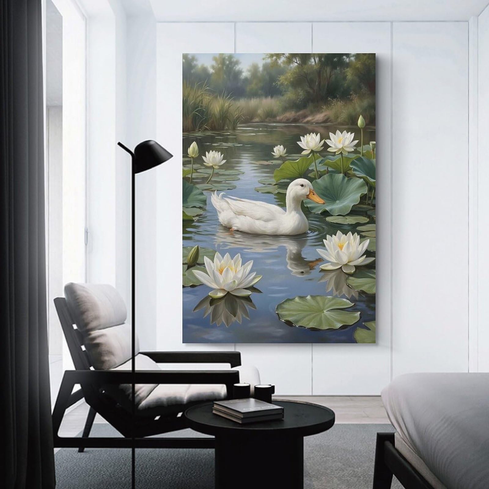 Junmoney Duck And Water Lilies in Pond Canvas Wall Picture, 12x18inch(30x45cm), for Home, Office, Studio Or Guest Room, A Flexible Wall Accent for Shared Spaces
