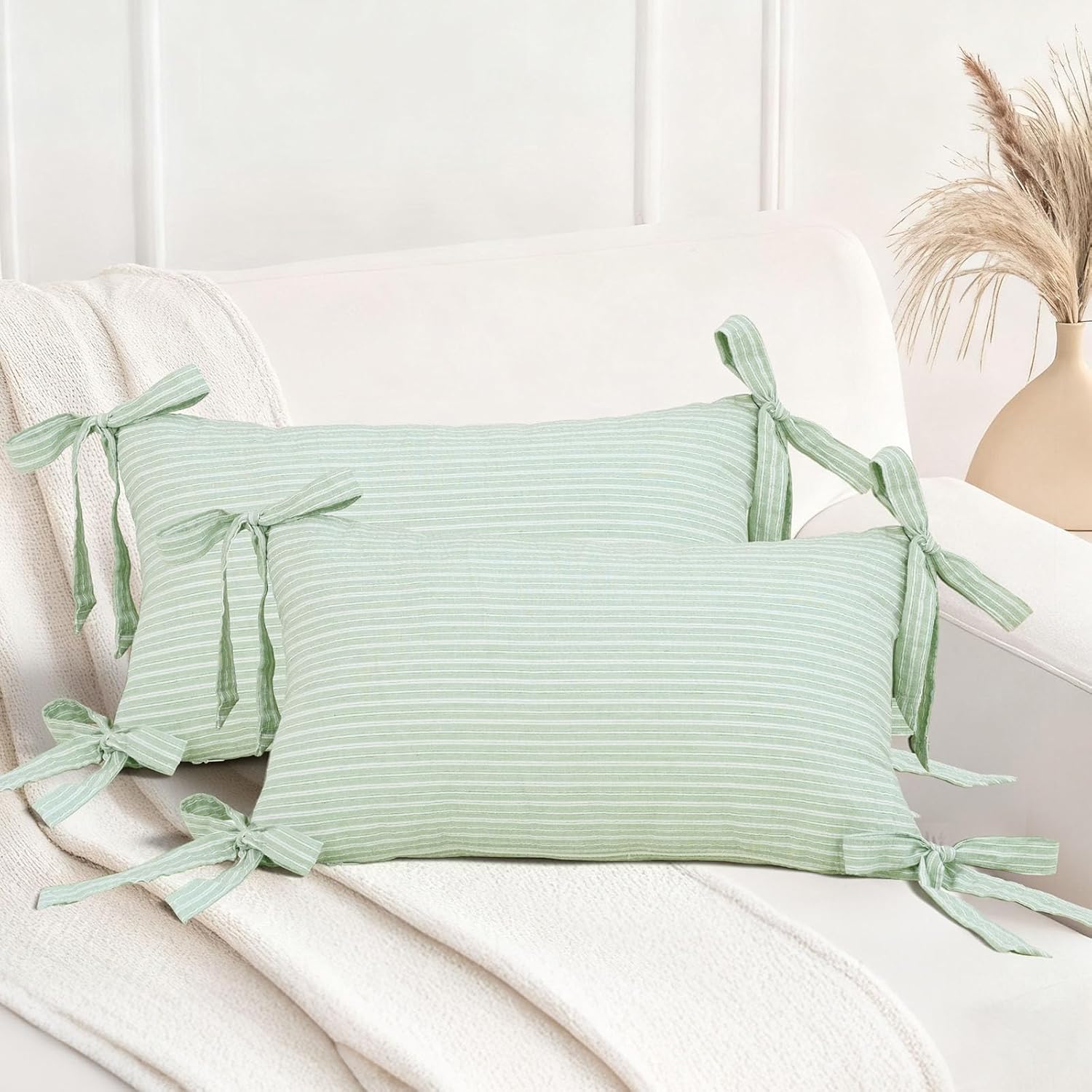 vctops Pack of 2 Cotton Stripe Decorative Throw Pillow Covers 12x20 Inch Boho Bow Lumbar Cushion Cover Pillowcase Modern Farmhouse Home Decor for Sofa Bedroom Couch (Green,12"x20")