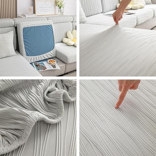 Miniatura 6 de vctops Funda de sofá elástica universal a rayas de color liso para tumbona en forma de L, súper suave, transpirable, antideslizante, protector de