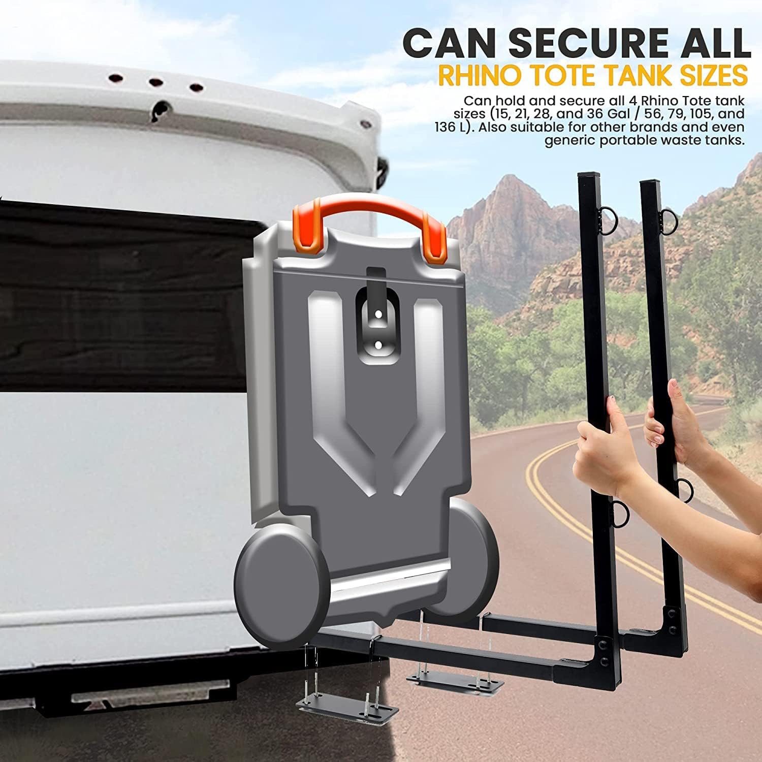TonGass Upgraded Foldable RV Tote Tank Carrier Compatible with 15, 21, 28, and 36 Gallons Rhino Tote Tank, Universal Fit Mounts on 4" or 4.5" Square RV Bumpers - Includes Complete Hardware and Straps