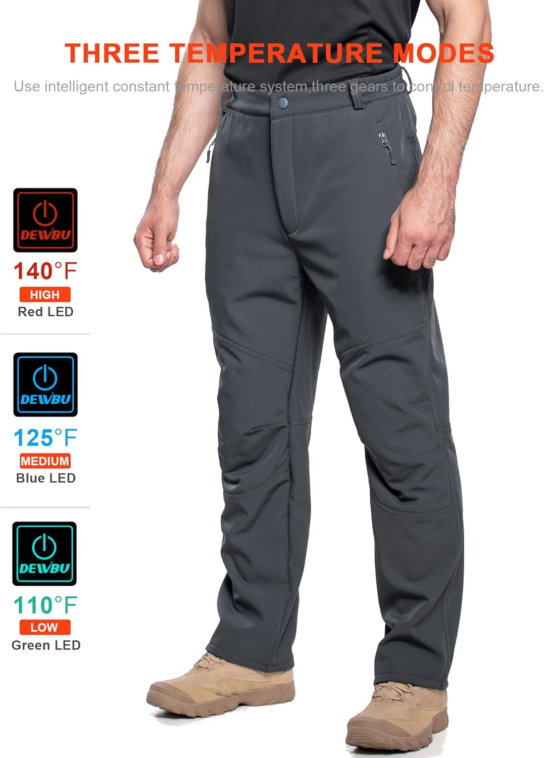 DEWBU Heated Pants for Men with 12V Battery Pack Fleece Lined Outdoor Softshell Pants Electric Heating Trousers - Image 4