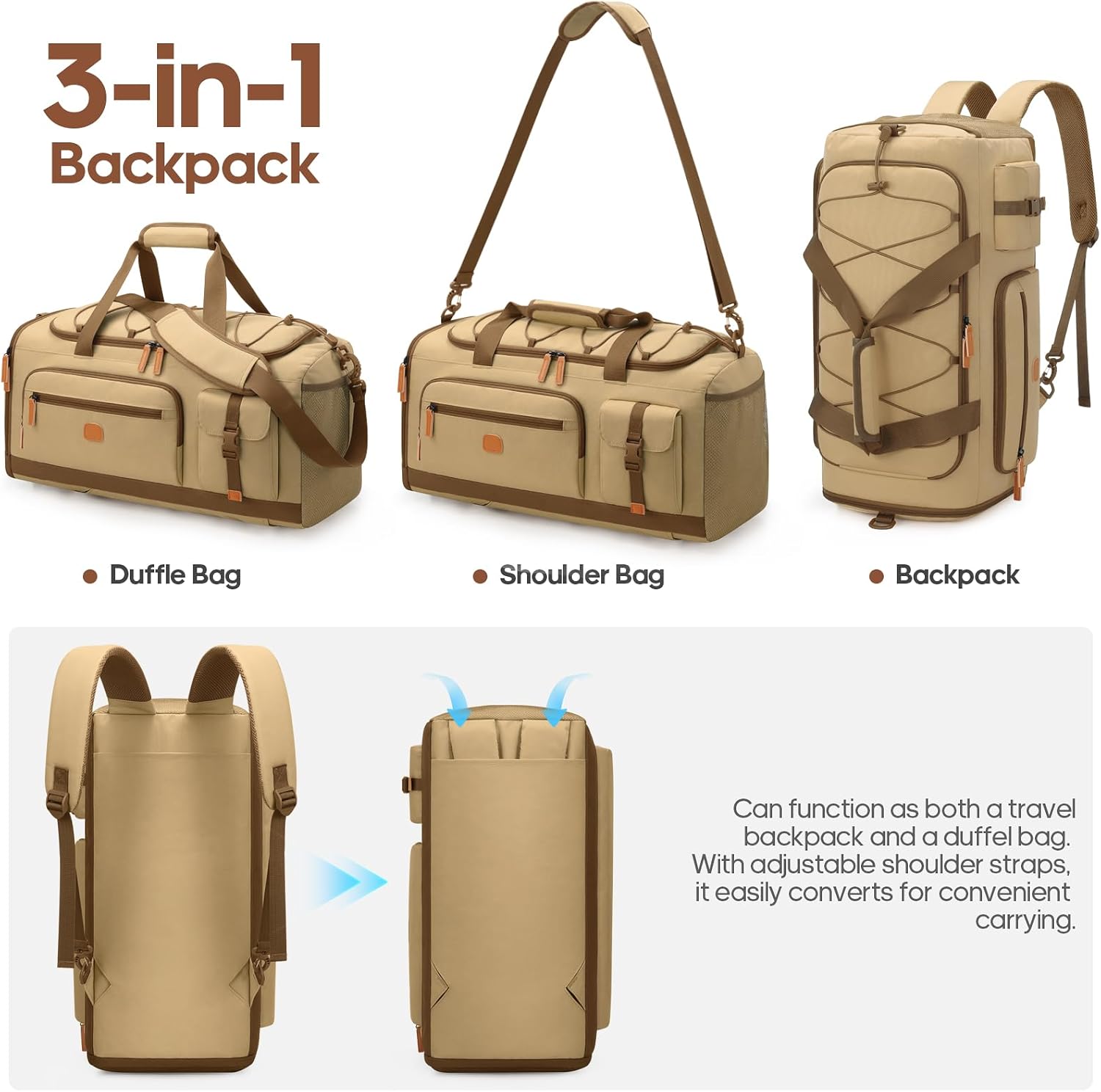 Gym Bag for Men and Women with Shoe & Laptop Compartment, 3-in-1 Sports Travel Duffel Bag Anti-Theft Weekender Carry-on Backpack for Airplane & Workout, Overnight Travel Bag, 35L, Khaki, Medium