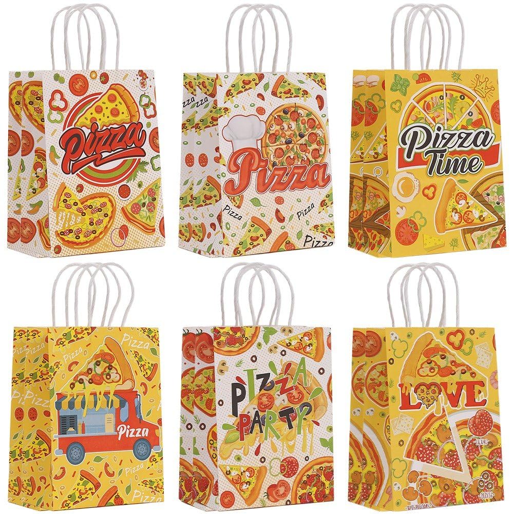 Baokuan 12 Pcs Pizza Party Favors Paper Gift Bags with Handle Decorations Pizza Candy Goodie Bags Large Birthday Pizza Party Supplies for Pizza Themed Party Baby Shower