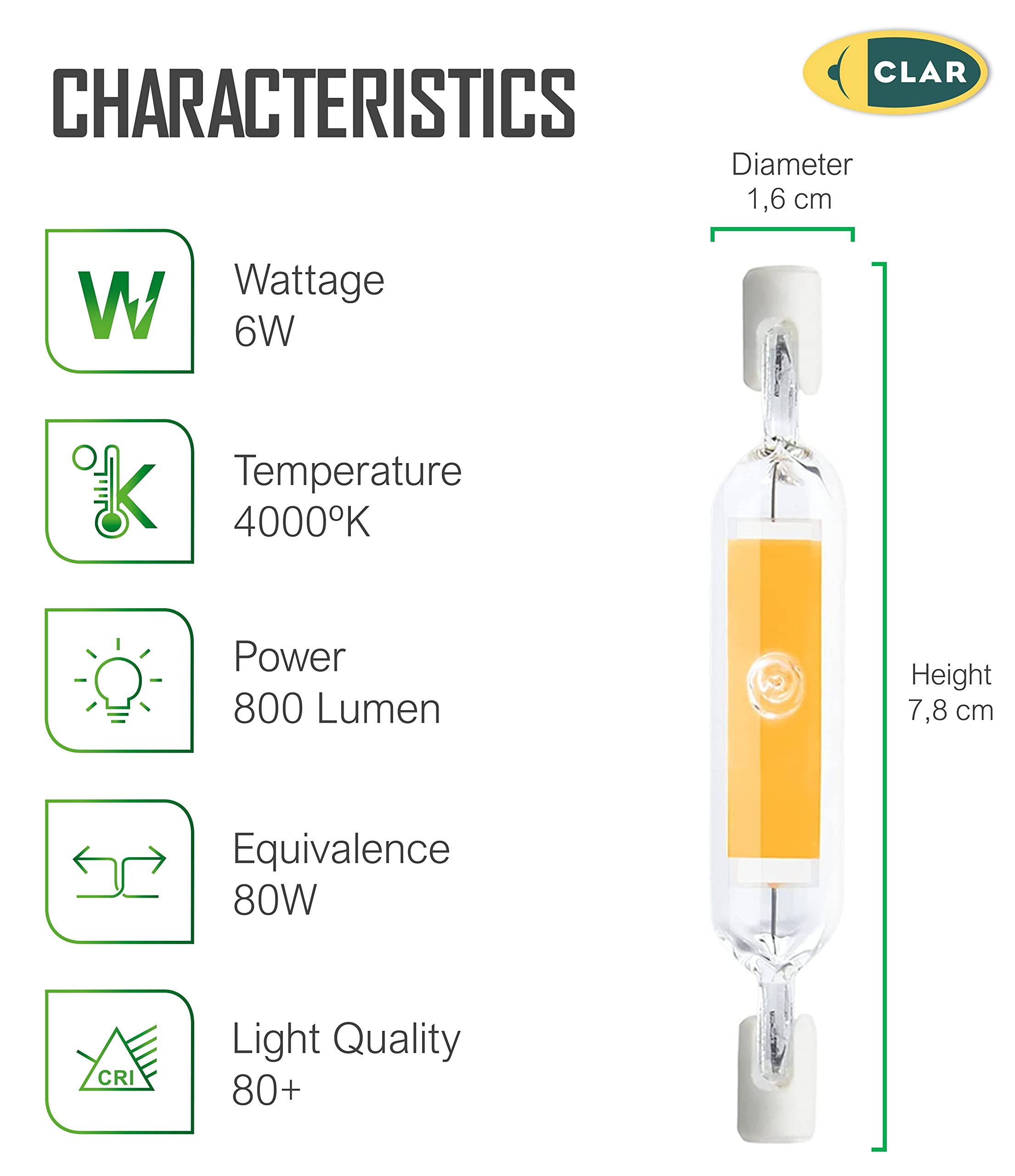 CLAR - R7S 78mm LED Bulb, 6W 4000K (Pack of 5), Neutral White (4000ºk), 6W 78mm (Pack 5) - Image 2