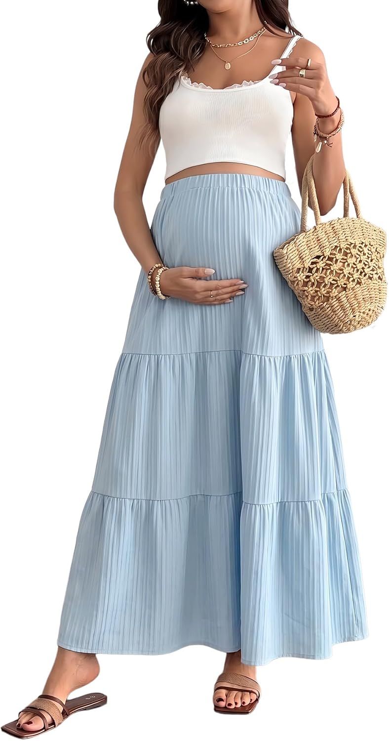 MakeMeChic Women's Maternity Skirt Summer Beach Vacation Maxi Skirt Elastic High Waist Ruffle Long Skirts