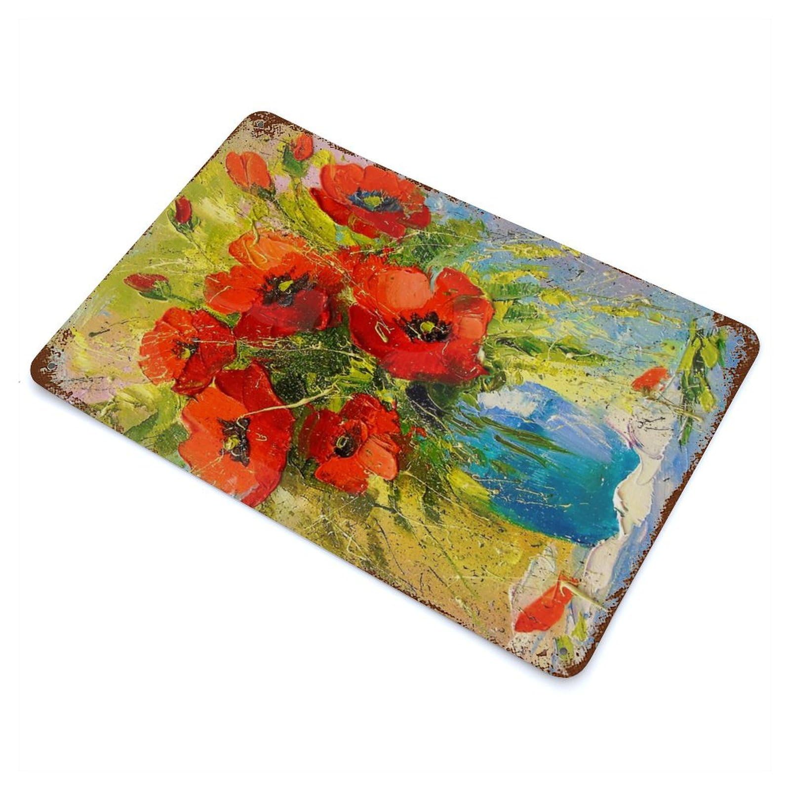 A Bouquet of Poppies Weathered Tin Sign 11.8"x7.9", Classic Wall Plaque for Patio, Garden Room And Bar Decor