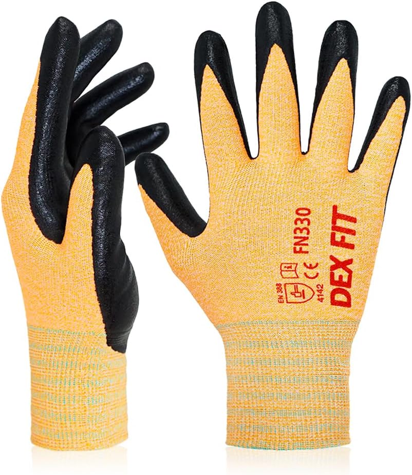 DEX FIT FN330 Work Gloves, 3D Adaptation Comfortable and Stretchy, Gripping, Durable Nitrile Foam Coating, Smart Touch, Thin and Light, Washable (XL, Fn330 Orange 3pr)