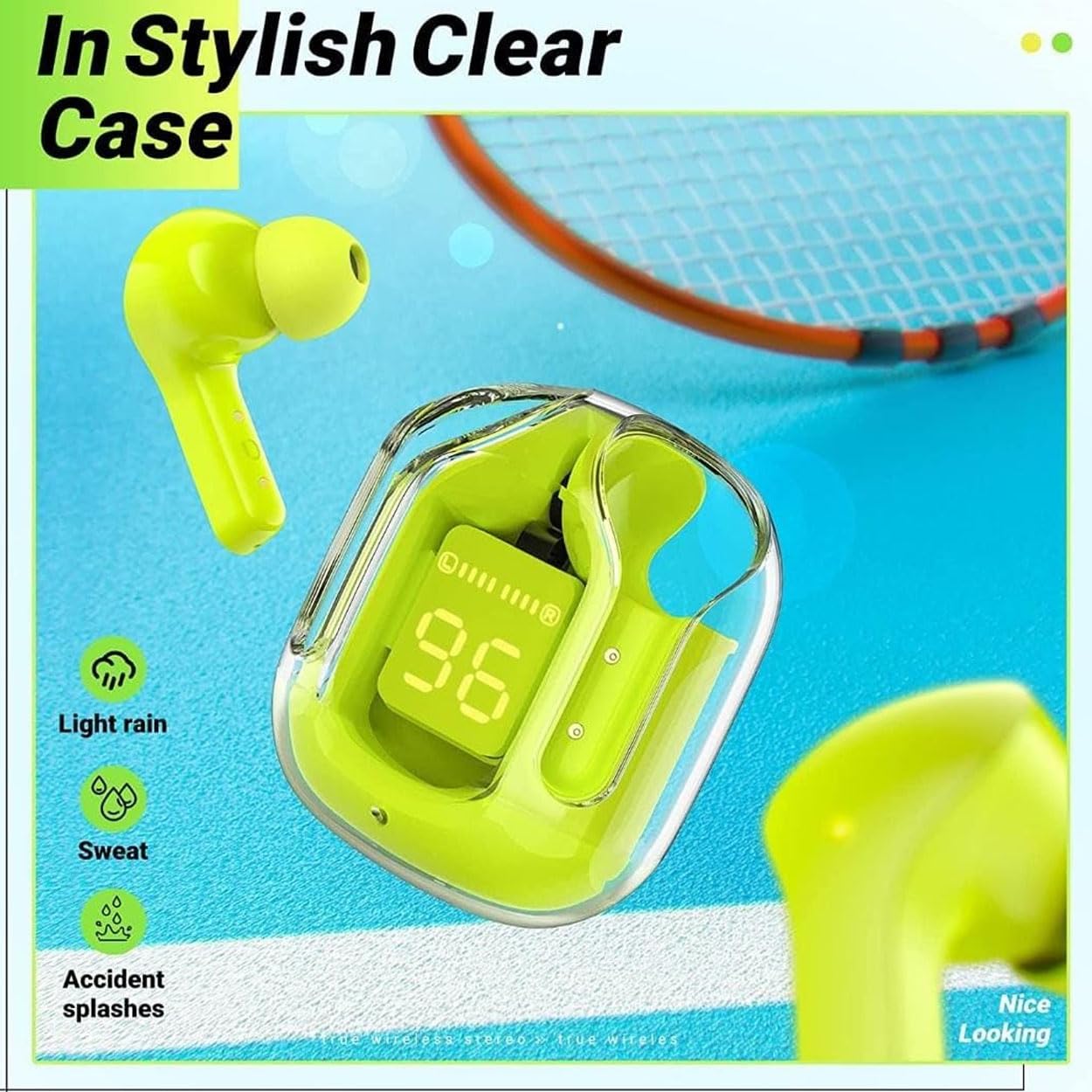 Arrow Dancer CY-T2 Earbuds in clear case showing water resistance icons