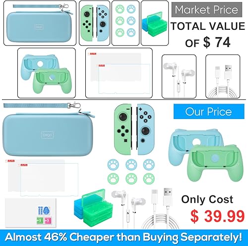 Vista 2 de Paquete de accesorios de interruptor para Animal Crossing - Kit de accesorios 26 en 1 con funda de transporte, protector de pantalla, empuñaduras