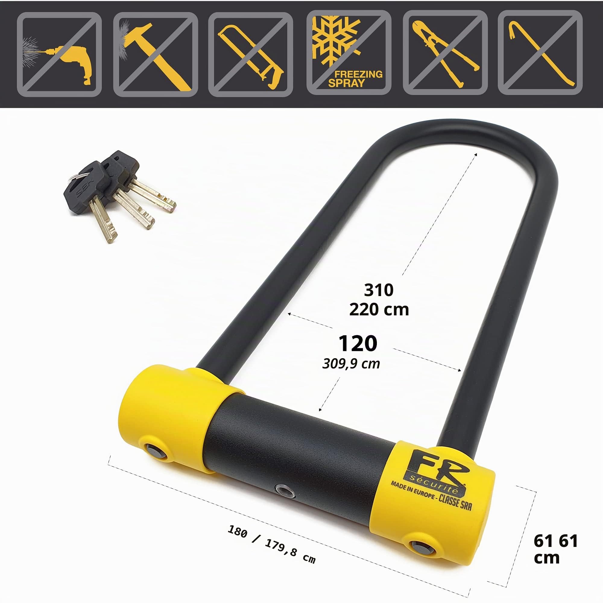 FR SÉCURITÉ FR120L Antivol Moto Homologué SRA, Haute Sécurité, U Ø18 en Acier Cémenté, Double Verrouillage avec Serrure Anti-Crochetage, Antivol Vélo U Robuste, Scooter et Vélo Électrique 120x310mm