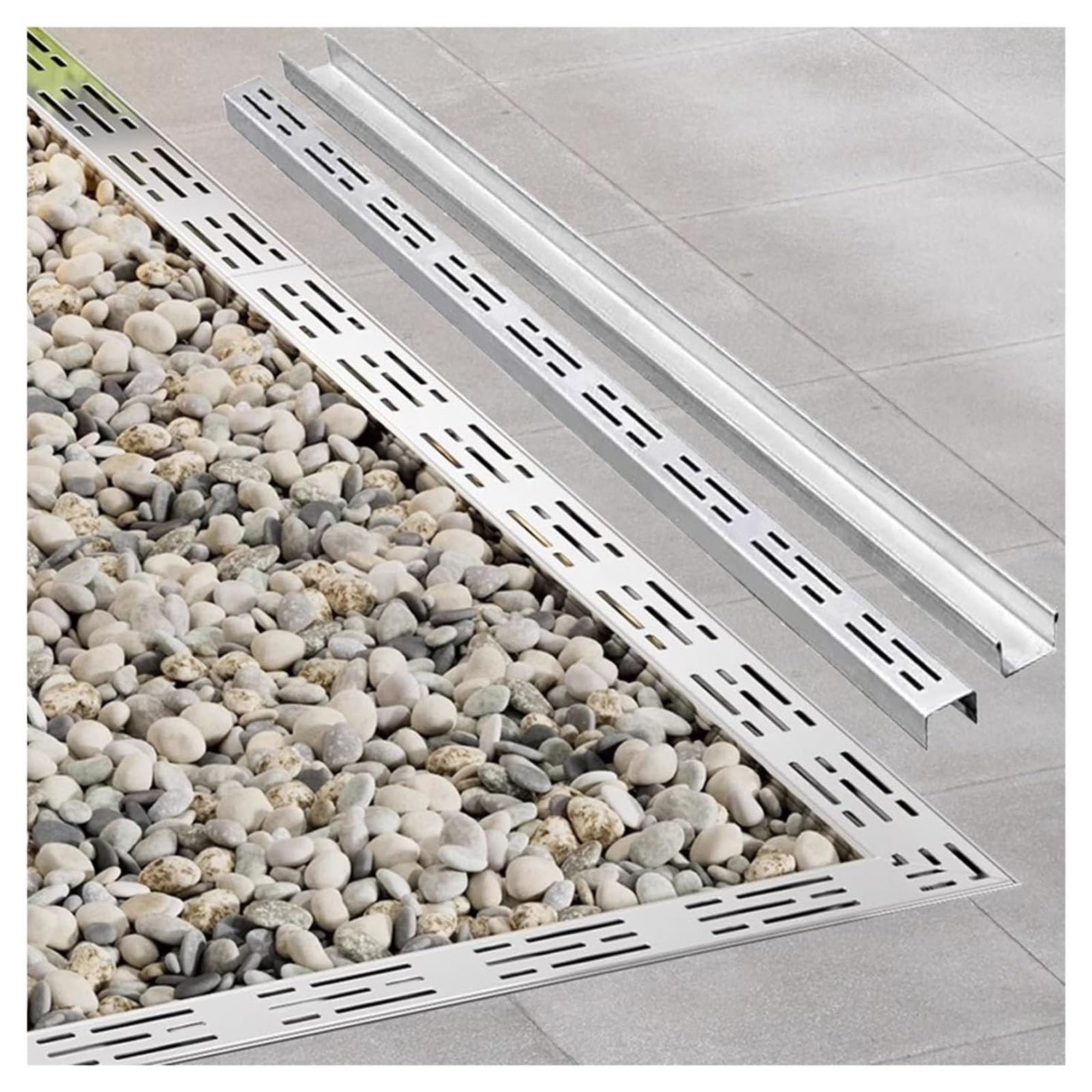 Caniveau en acier inoxydable de 39,4 pouces argenté avec grille métallique de jardin