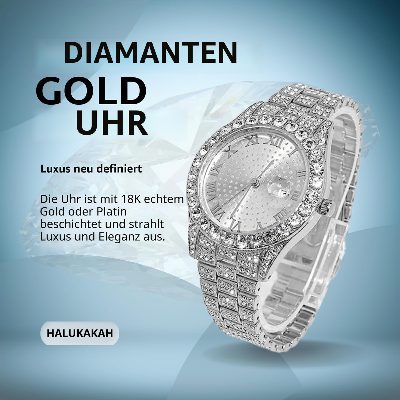 Halukakah Diamanten Gold Uhr Iced Out für Jungen - 18K Echtgold/Platin Platiniert,42mm Rundes Zifferblatt,Japanisches Quarzwerk - 20cm - Optional mit Cuban Gliederkette,mit Anpassungswerkzeug