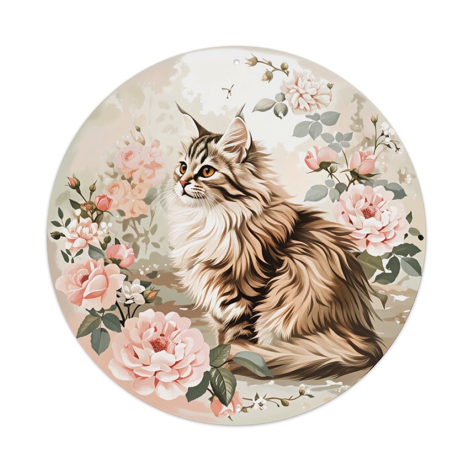 Floral Cat Portrait Artwork Round Tin Sign Retro Metal Sign for Cafe Bar Pub Home Game Room Gym Club Wall Decoration Vintage Metal Poster 8x8 Inch