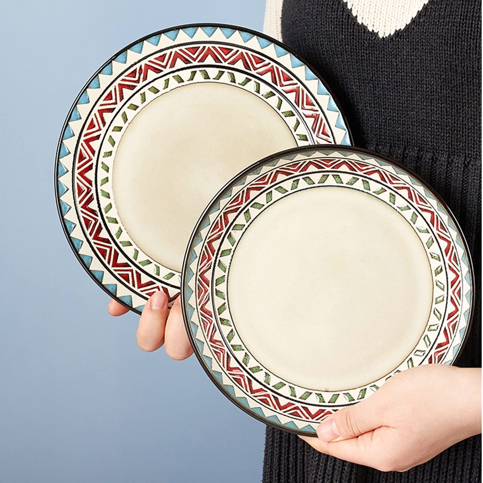 H3TF5J Set di Piastre per Cena a Base di Geometrica retrò, Set di stoviglie in Ceramica a 18 Pezzi, lavastoviglie e tavoli da Tavolo sicuri a microonde, Piastre di Porcellana Durevole ad Alta