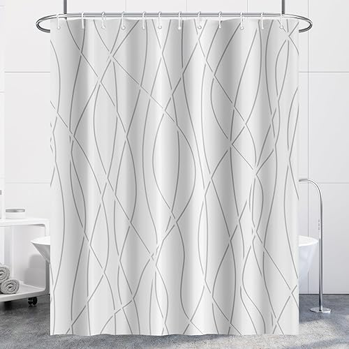 Miniatura 88 de Cortina de ducha pequeña a rayas gris claro degradado para baño, 36 x 72 pulgadas, juego de cortina de ducha geométrica para cabina de RV con Gris
