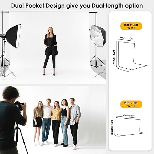 Miniatura 3 de Telón de fondo blanco de 10 x 20 pies para fotografía, diseño de doble bolsillo de doble tamaño para sesión de fotos de retratos, fiestas y video