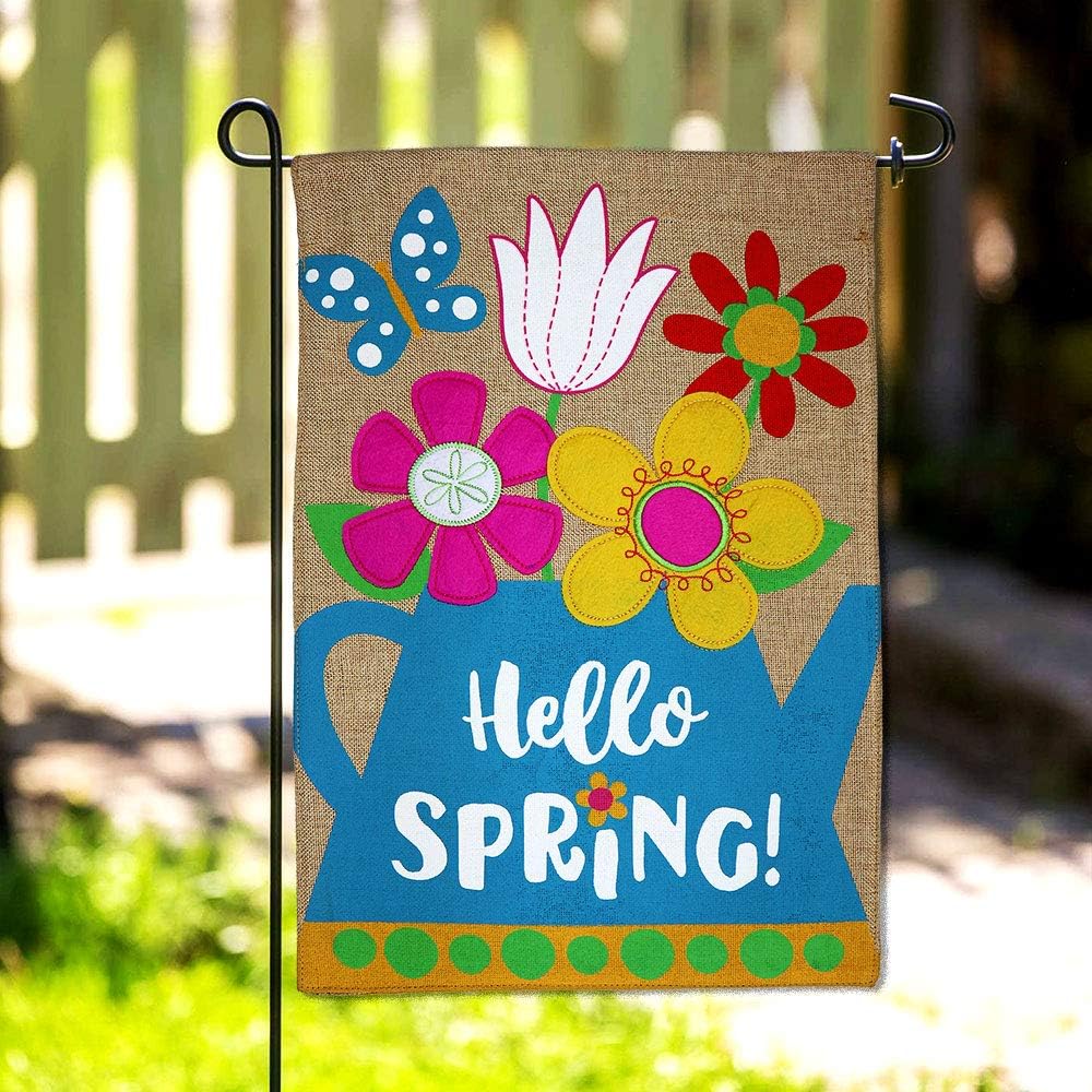 Hello Spring Burlap Garden Flag - Floral Sunflower Tulip Rose Orchid Lilies Season Springtime Flower Wreath - Yard Decorations Holiday Outdoor Flags Double-Sided 12.5 X 18
